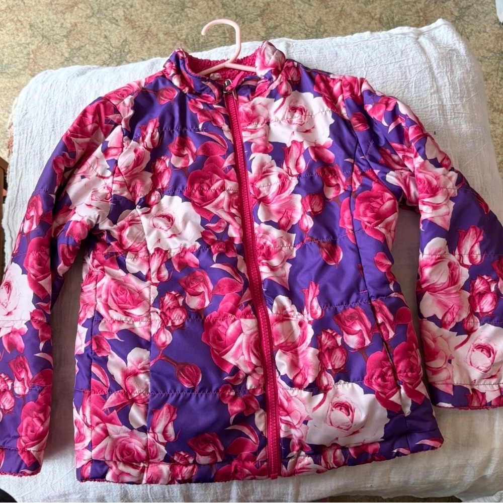 Girls' Floral Puffer Jacket - Purple & Pink